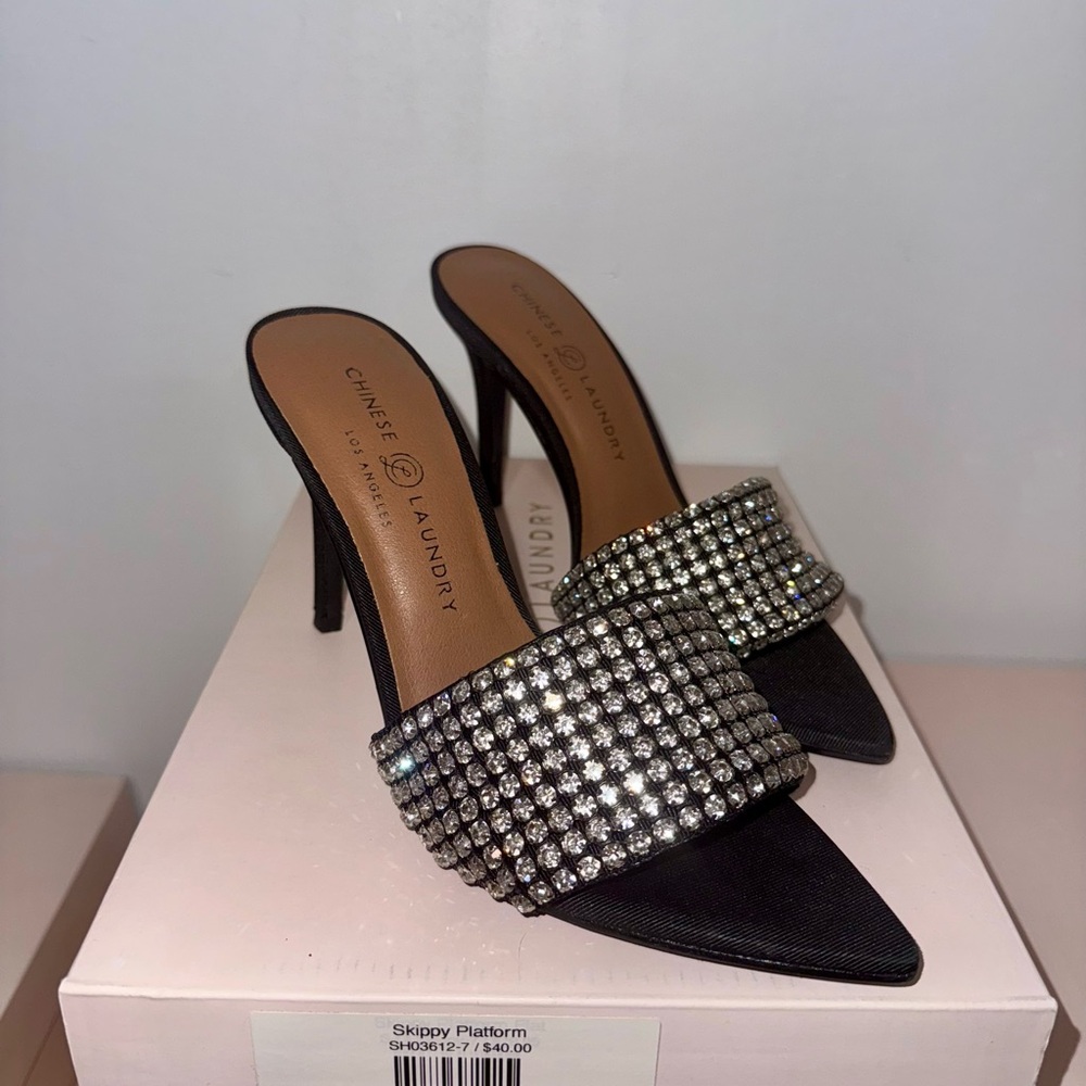 Chinese Laundry Black Heeled Mules with Silver Crystal Strap